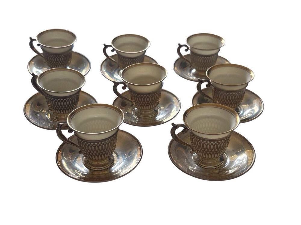 8 Whiting Sterling Silver Demitasse Cups Saucers 4200 with Lenox Inserts 368g
